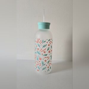 Holiday Candy Cane Holly Glass Water Bottle Mint Lid Reusable Straw